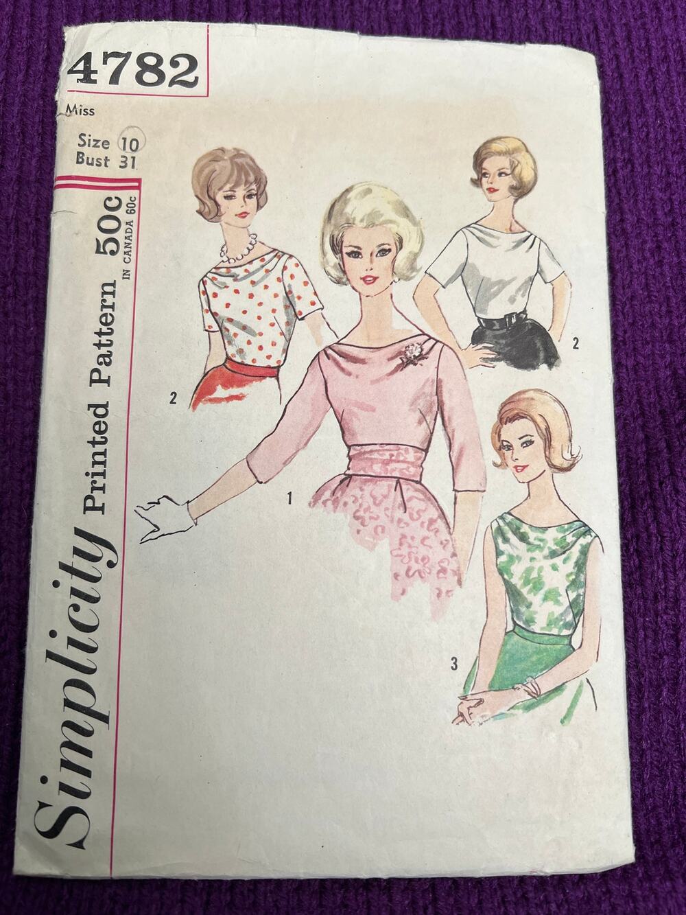 Simplicity Sewing Pattern 4782  blouse boat neck 1960s size 10